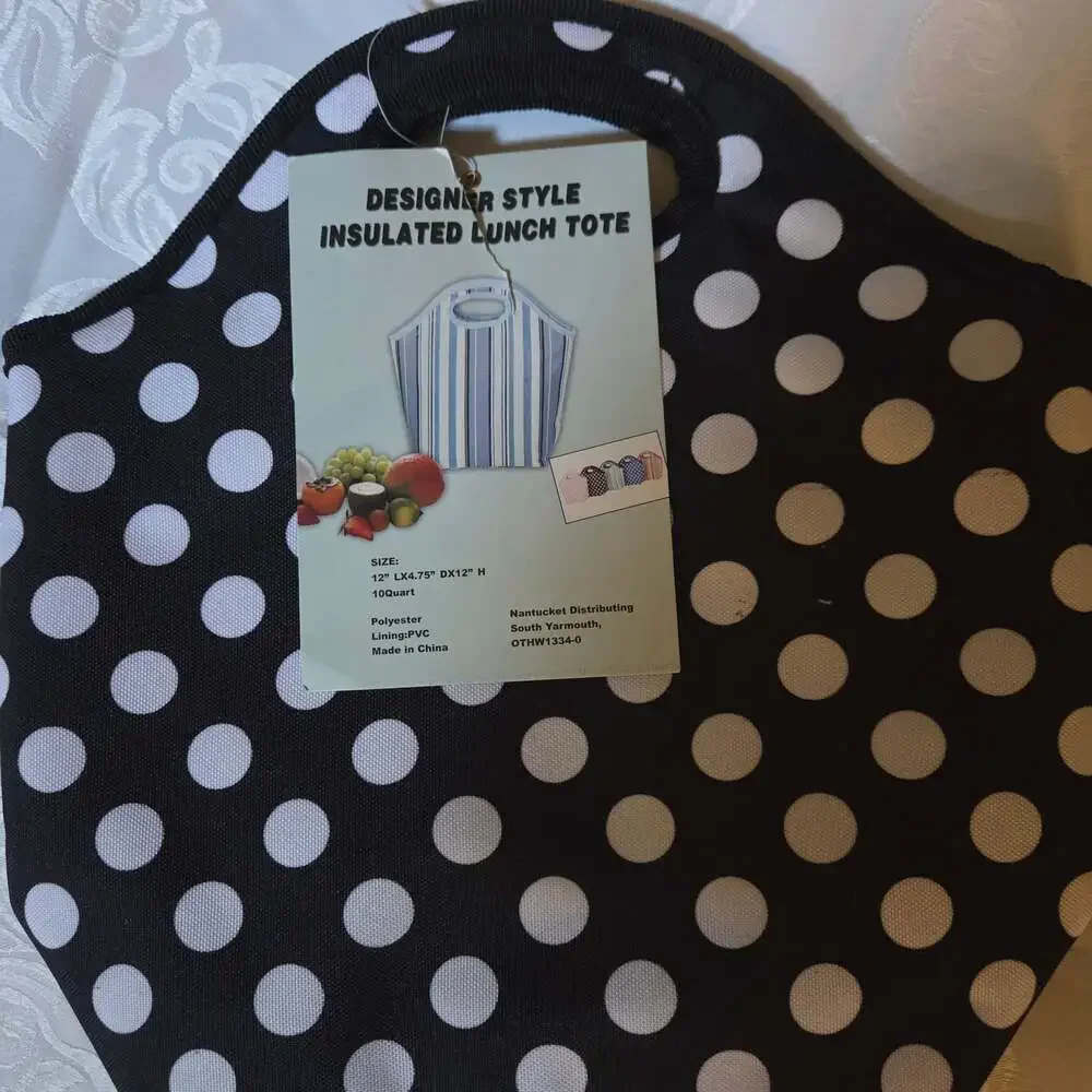 Nantucket Distributing Designer Style Insulated Lunch Tote Black White Polka Dot